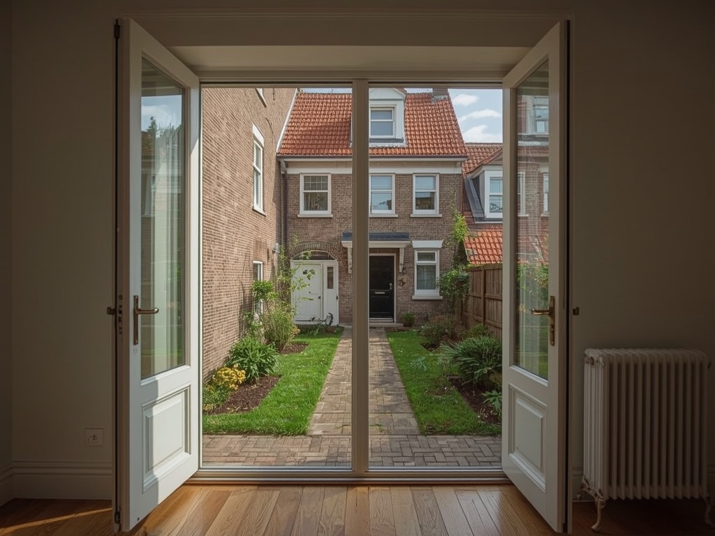Zicht vanuit woonkamer door kunststof openslaande deuren naar tuin in Nieuwegein