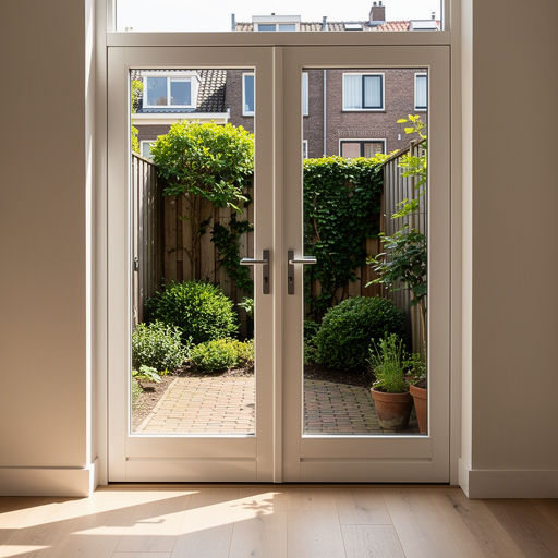 Zicht vanuit de woonkamer door kunststof openslaande deuren naar de tuin in Lekkerkerk