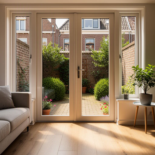 Uitzicht vanuit een ruime woonkamer via openslaande deuren naar de achtertuin in Houten
