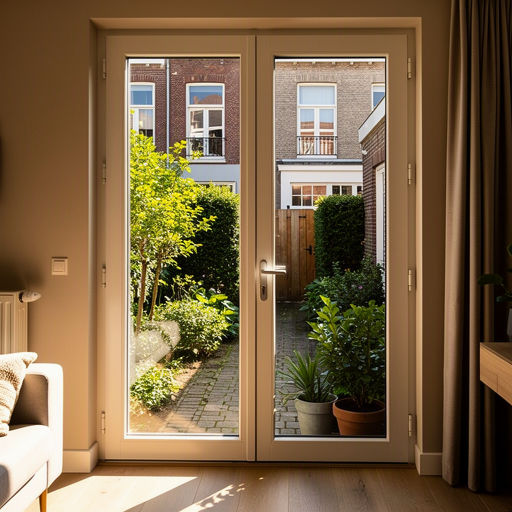 Licht interieur met zicht op een tuin via openslaande kunststof deuren in Oudewater
