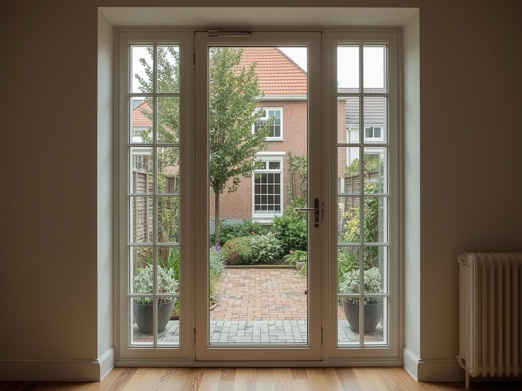 Zicht vanuit woonkamer door kunststof openslaande deuren naar tuin in Vianen