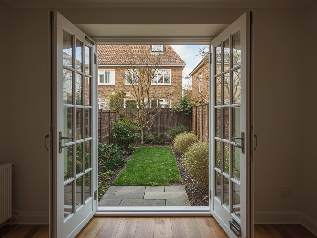 Zicht vanuit woonkamer door kunststof openslaande deuren naar tuin in Bodegraven
