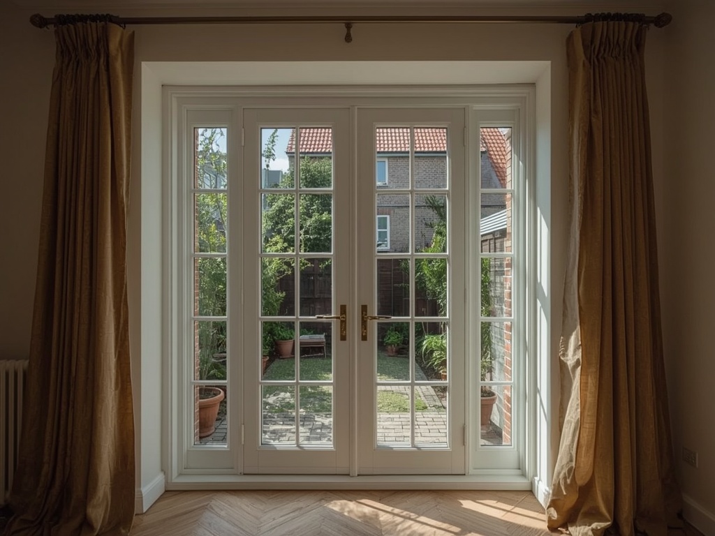 Zicht vanuit de keuken door kunststof tuindeuren naar de achtertuin in Lopik