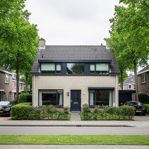 Vrijstaand huis uit de jaren zeventig in Montfoort voorzien van antracietkleurige kunststof kozijnen en voordeur