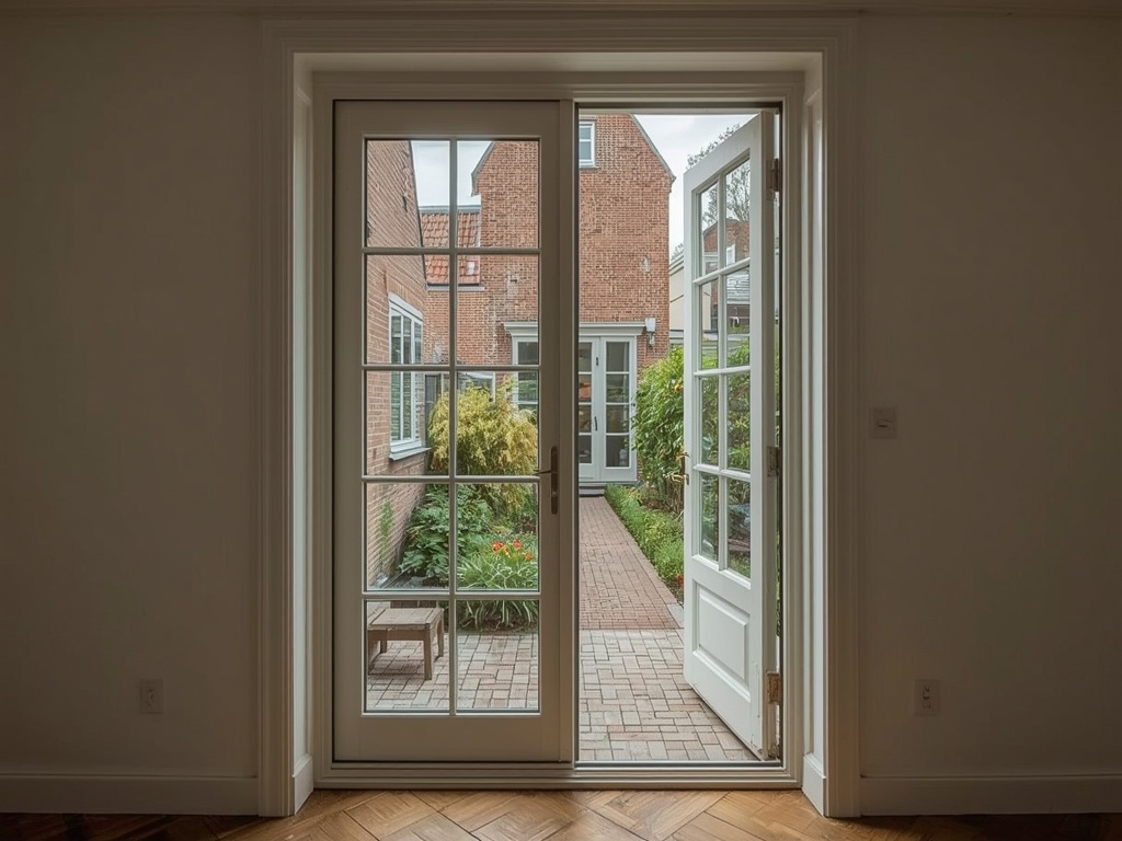 Zicht vanuit woonkamer door kunststof openslaande deuren naar tuin in Woerden