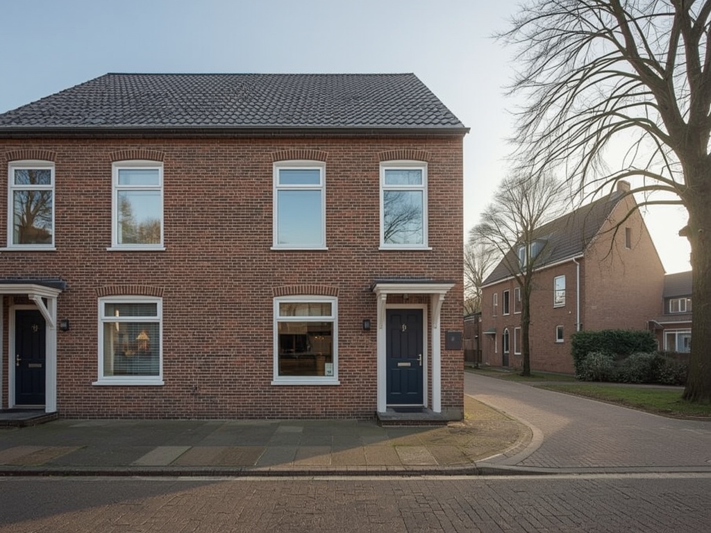 Rijtjeswoning in Houten met nieuwe witte kunststof kozijnen aan een groene woonstraat