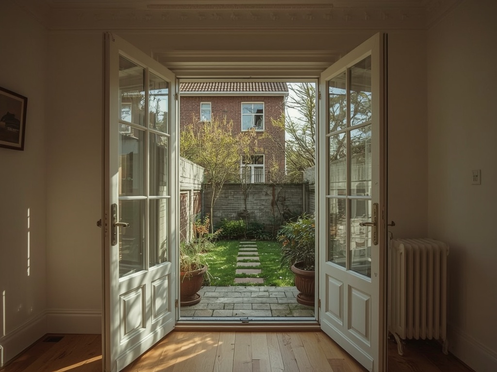 Zicht vanuit woonkamer door kunststof openslaande deuren naar tuin in Vleuten