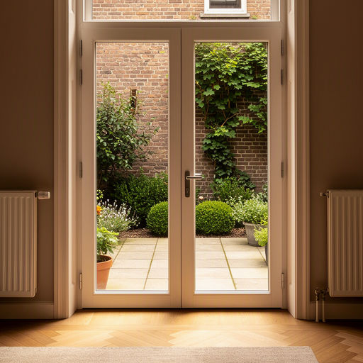 Zicht vanuit de woonkamer door kunststof openslaande deuren naar een tuin in De Meern