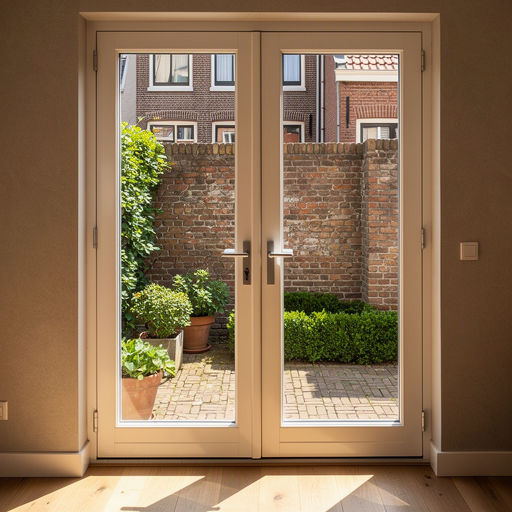 Zicht vanuit woonkamer door kunststof openslaande deuren naar tuin in IJsselstein