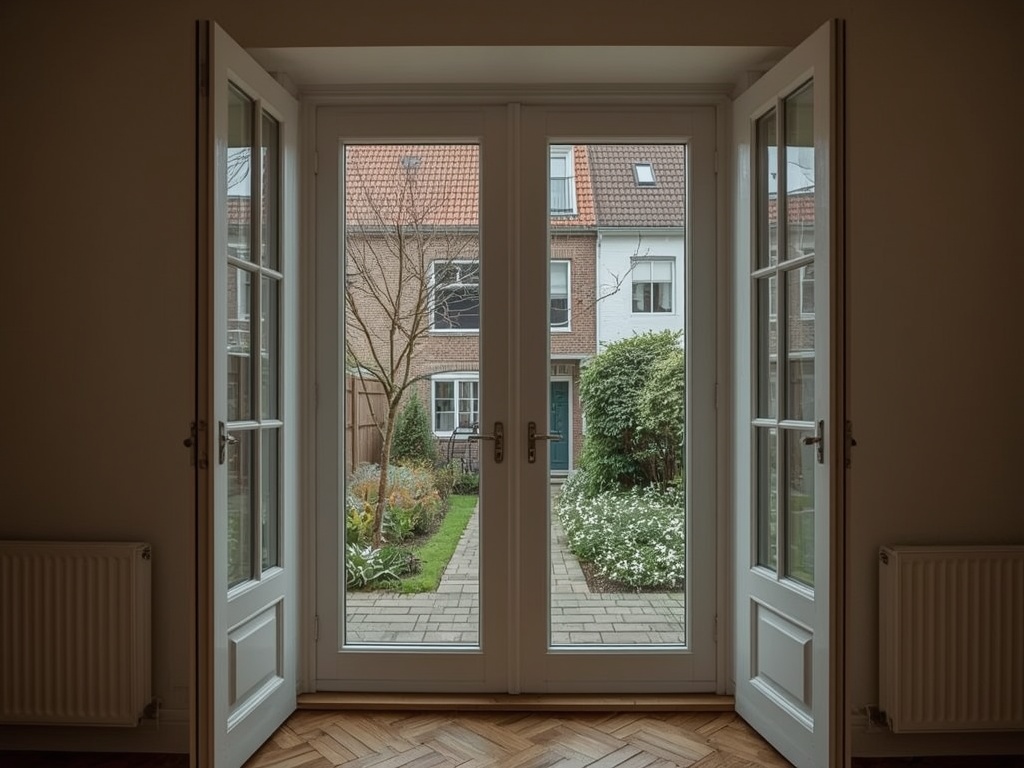 Zicht vanuit woonkamer door kunststof openslaande deuren naar stadstuin in Schoonhoven